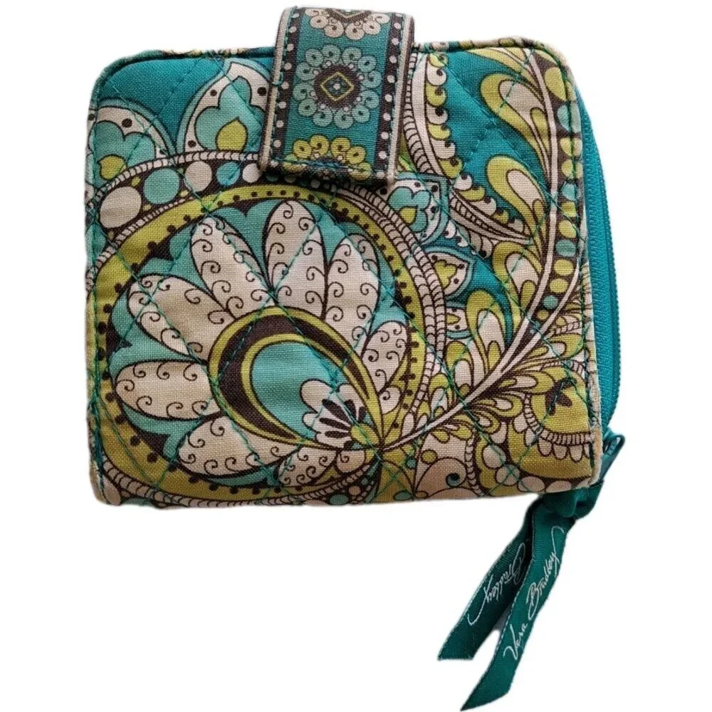 Vera Bradley Small Turquoise Paisley Folding Snap Close Wallet Some Fading